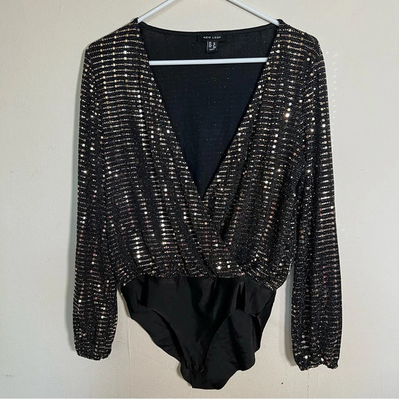 EUC New Look Sparkly Black Gold Deep V-Neck Long Sleeve Party Bodysuit Size 6 - Picture 1 of 13